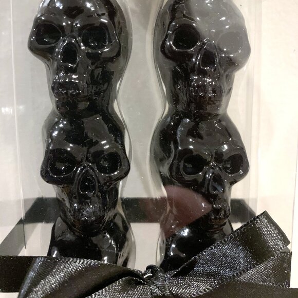 Halloween Decor 10" Black Skull Taper Candle Stick Set Skeleton CandlestIcks NEW - Picture 2 of 4